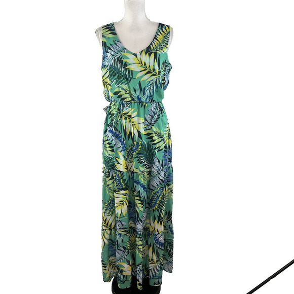 Nine West Dress size 8 Long Maxi Green Yellow Floral Tropical Wedding Hawaiian - Picture 1 of 16
